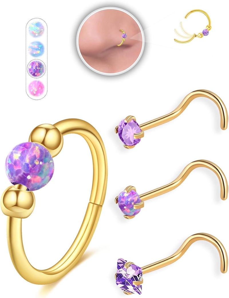 AMASIS Opal Nose Ring Studs Horseshoe Nose Rings Hoops Stud 316L Stainless Steel Nose Rings Round CZ Square Screw L Shaped Nose Stud Hypoallergenic Nostril Piercing Jewelry for Women Men - Image 1
